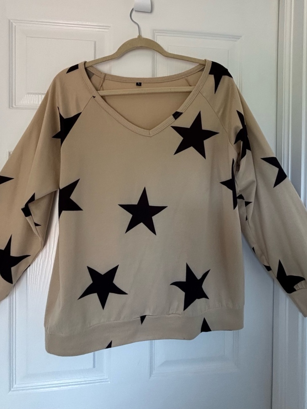 Beige Star Print V-Neck Top
